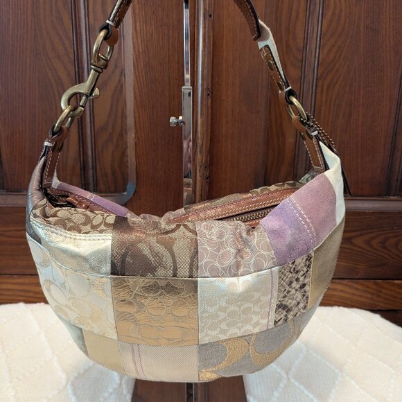 Coach Patchwork One Shoulder Bag Brown Suede Canvas Leather 10019 Y2K Vintage - Picture 1 of 12
